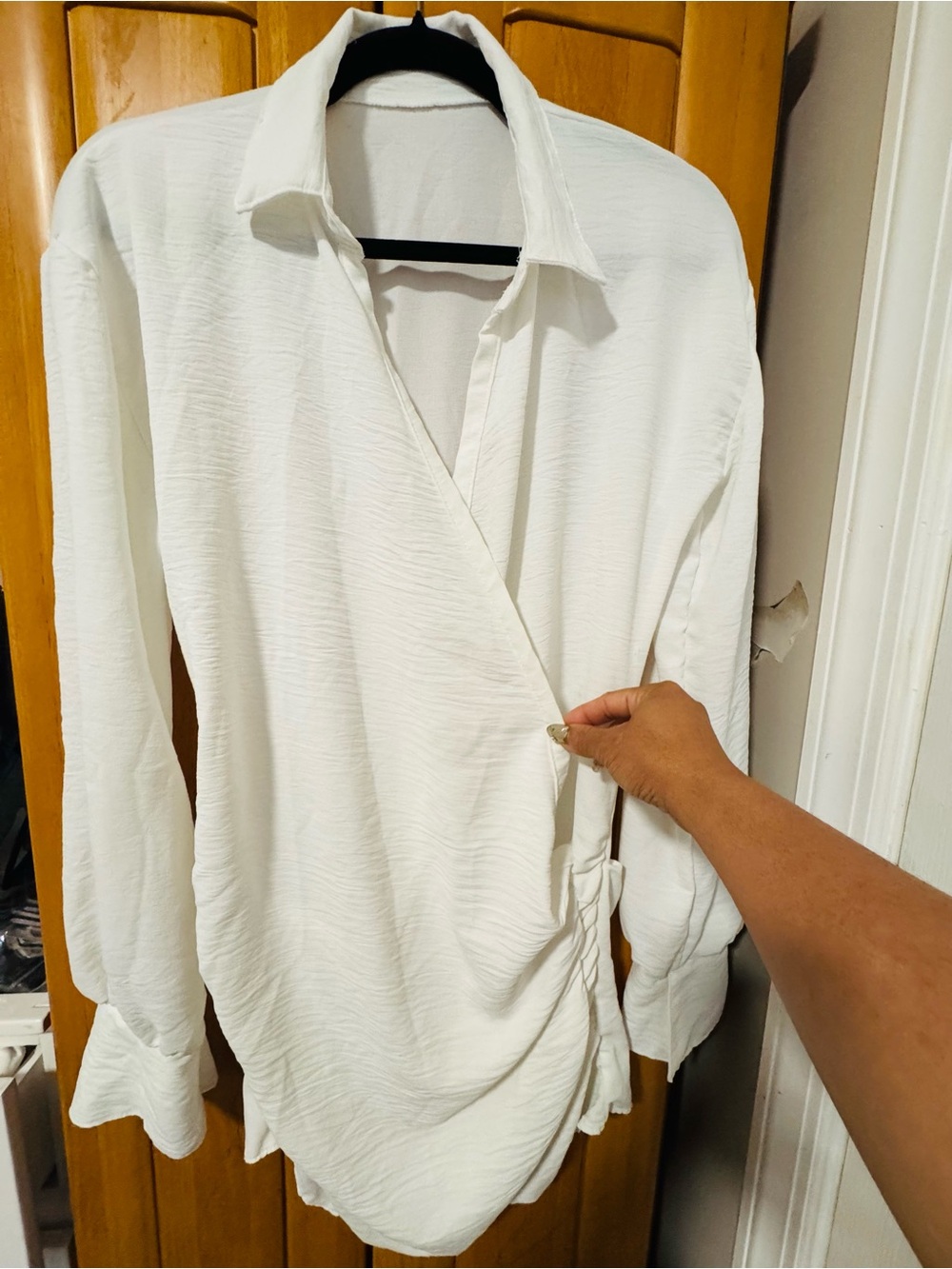 Women’s White Collared Wrap Blouse with Side Tie